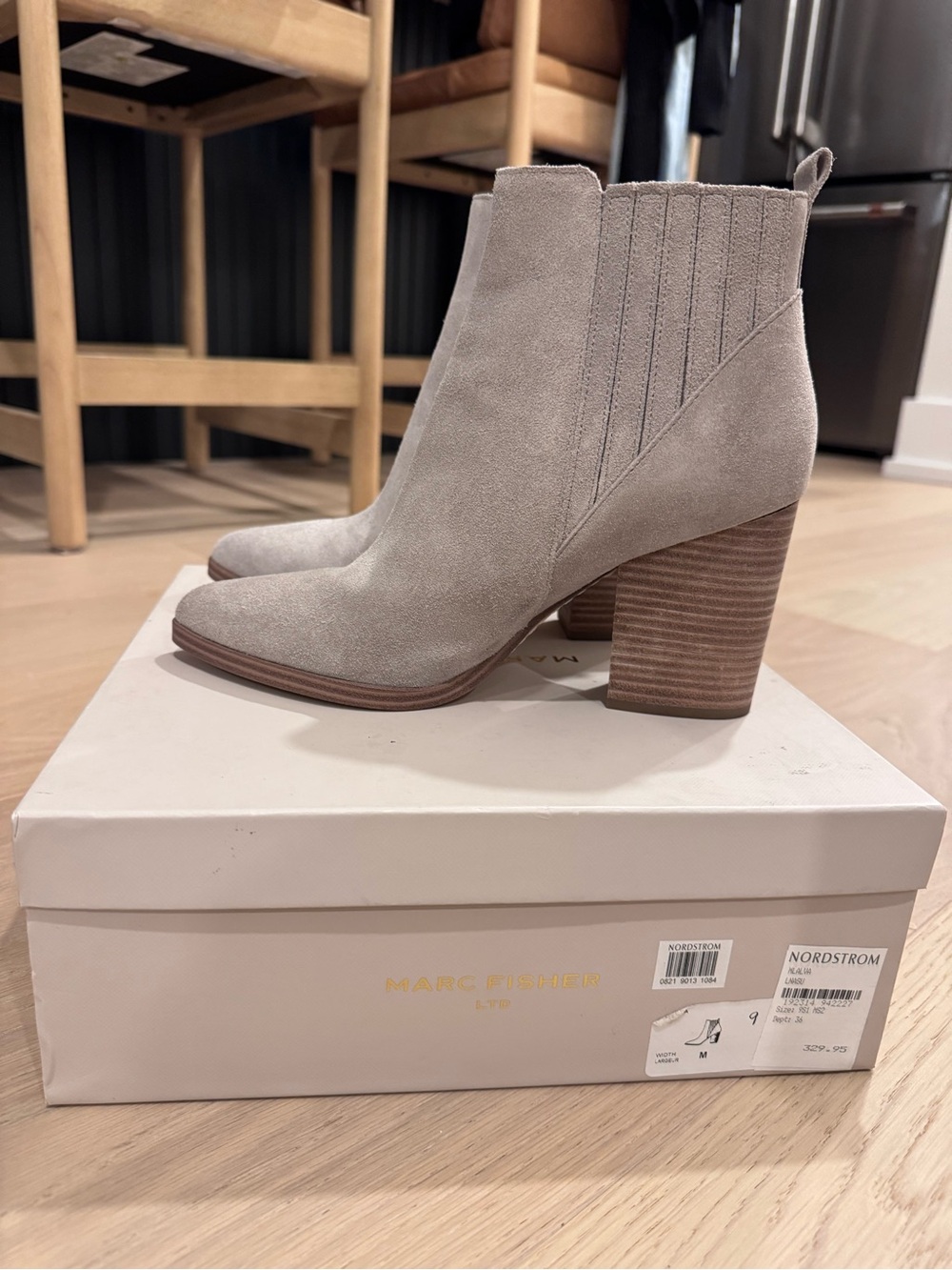 Marc Fisher Light Gray Suede Stacked Heel Ankle Boots